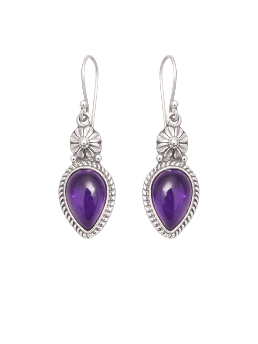 Silver earrings with purple teardrop stones on a white background