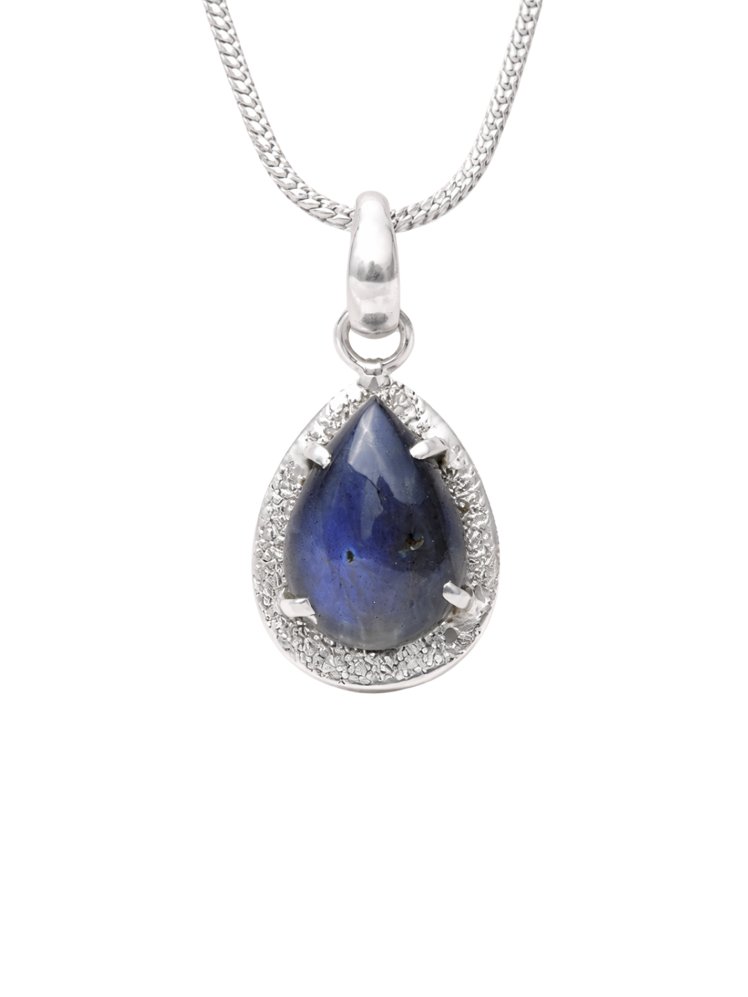 Teardrop shaped blue labradorite embedded on a rough polished silver frame