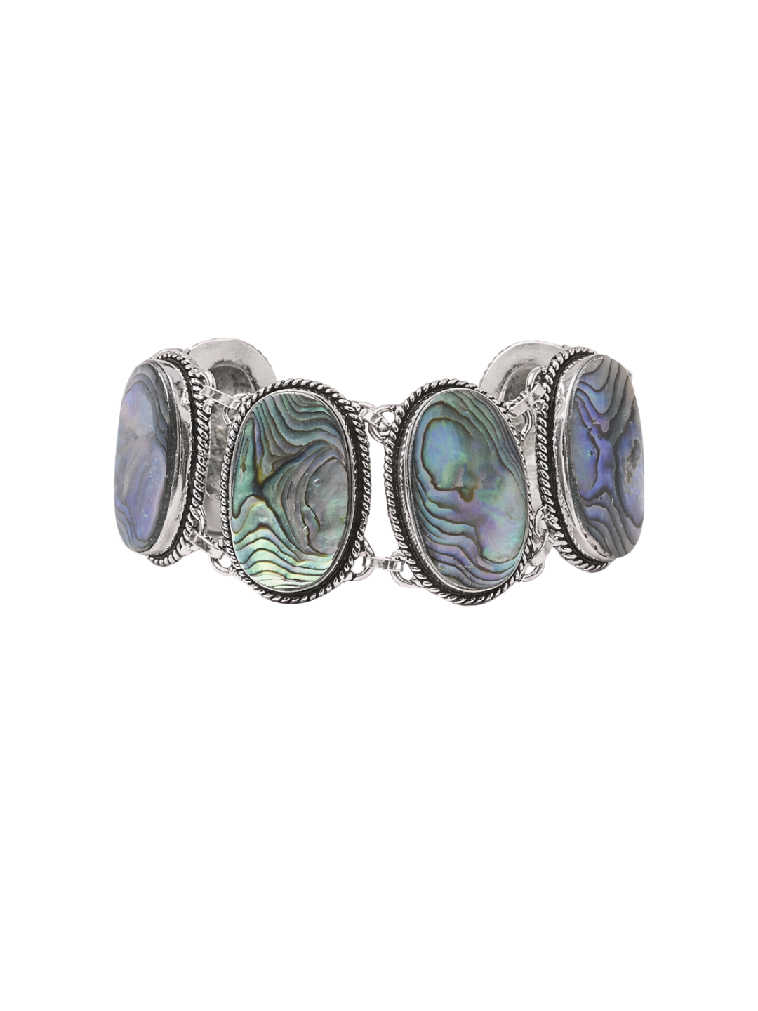 Oval abalone shell stones embedded on an intricately designed sterling silver bracelet