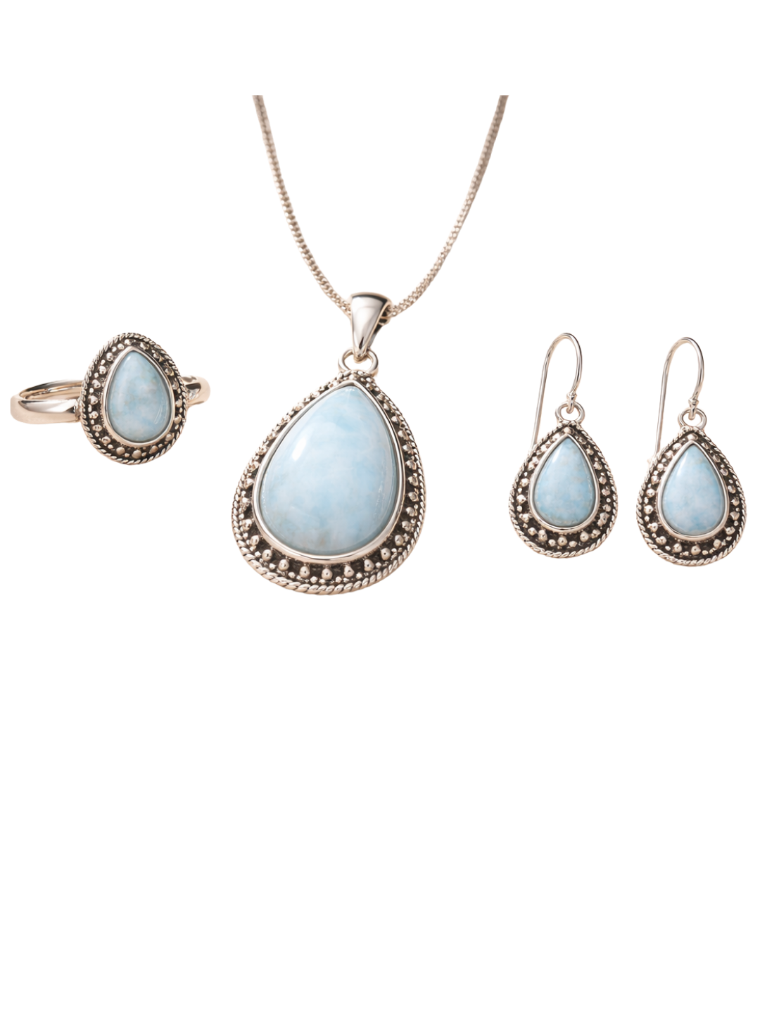 Handmade Larimar Jewelry Set Sterling Silver Pendant, Ring, Earrings